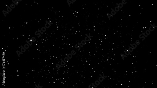 Futuristic  light particles of snowflakes fall against the background of the cosmic sky. Beautiful landscape of the night winter sky. 3D. 4K. Isolated black background.