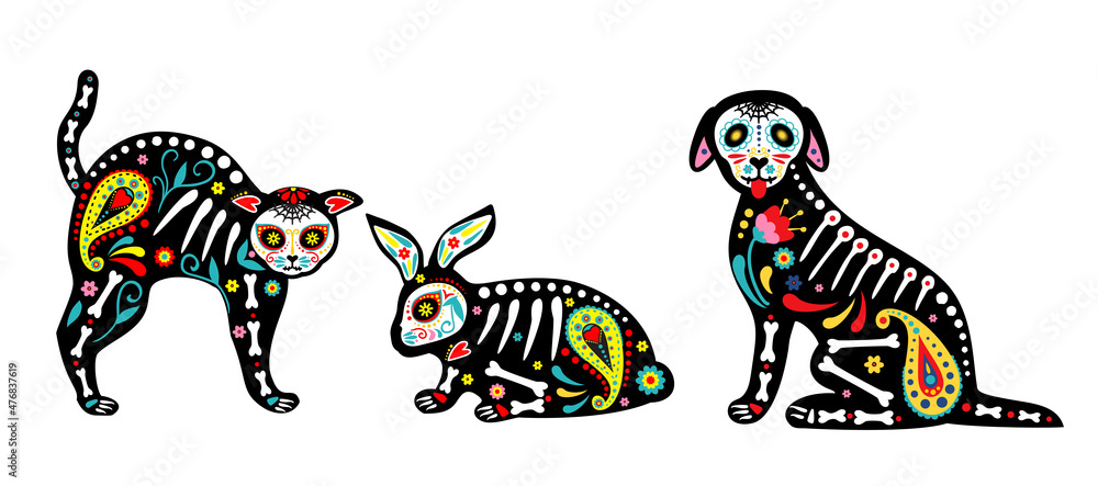 Mexican dead animals. Day of the dead, Dia de los muertos, animals skulls and skeleton decorated with colorful Mexican elements and flowers. Fiesta, Halloween, holiday poster, party flyer. Vector Mexican dead animals. Day of the dead, Dia de los muertos, animals skulls and skeleton decorated with colorful Mexican elements and flowers. Fiesta, Halloween, holiday poster, party flyer. Vector