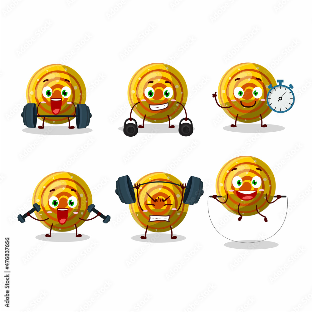 A healthy yellow spiral gummy candy cartoon style trying some tools on Fitness center A healthy yellow spiral gummy candy cartoon style trying some tools on Fitness center