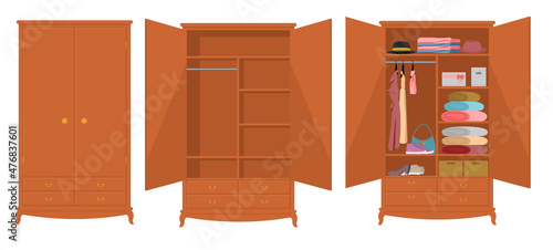 Wooden cupboard cartoon icon. Open closets cupboard wardrobe on white background. Closet with opening doors, clothing and shoes, hats and boxes. Wooden wardrobe with closed doors vector illustration