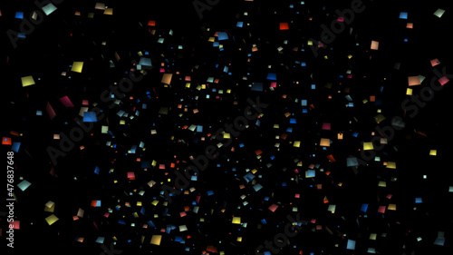 Fototapeta Naklejka Na Ścianę i Meble -  Futuristic flight of sparkling, shining, multi-colored particles in the form of rectangular shapes in outer space. 3D. 4K. Isolated black background.