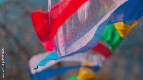 Slow motion shot of Colorful Buddhist Tibetan prayer in Patlikuhal village near Manali, Himachal Pradesh, India