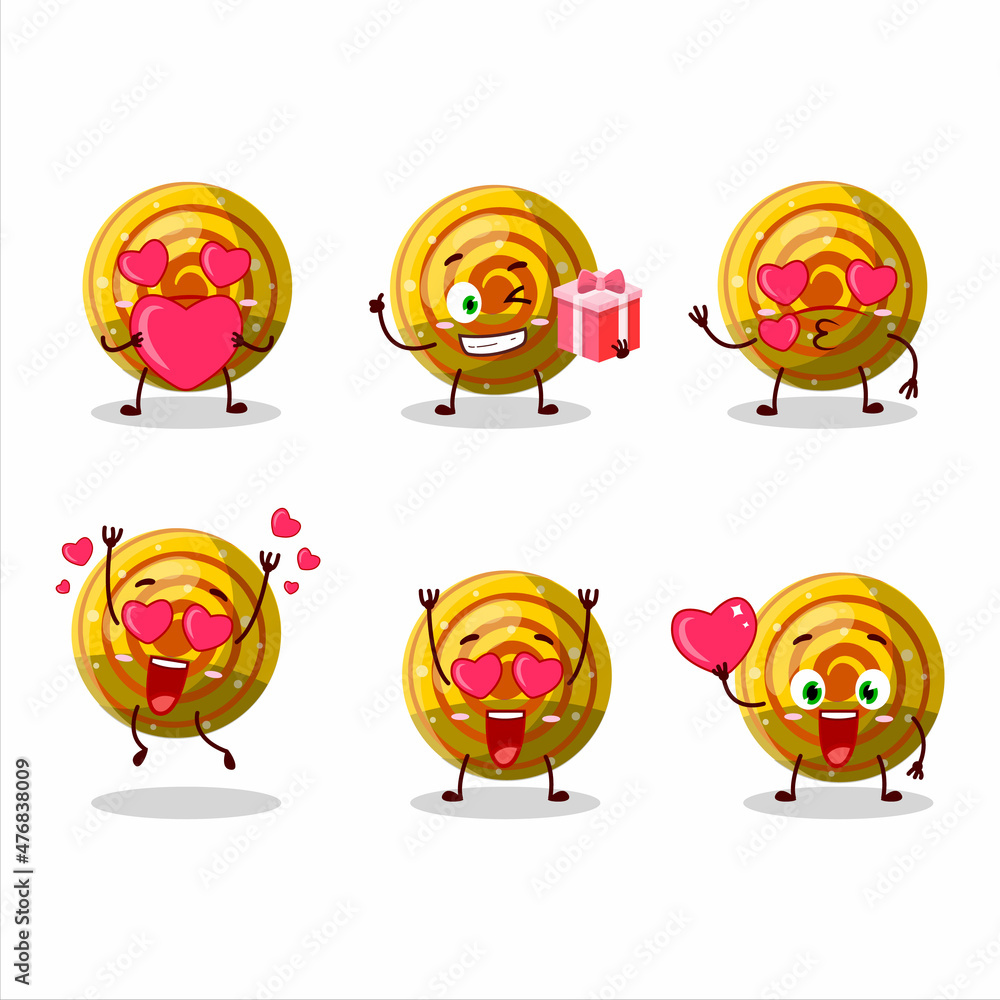 Yellow spiral gummy candy cartoon character with love cute emoticon Yellow spiral gummy candy cartoon character with love cute emoticon