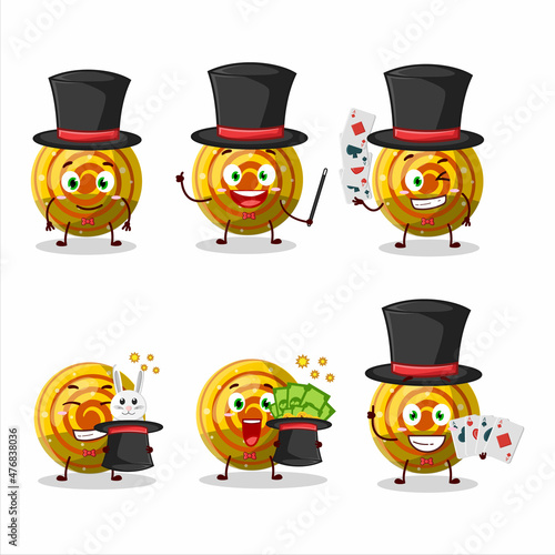 A yellow spiral gummy candy Magician cartoon character perform on a stage