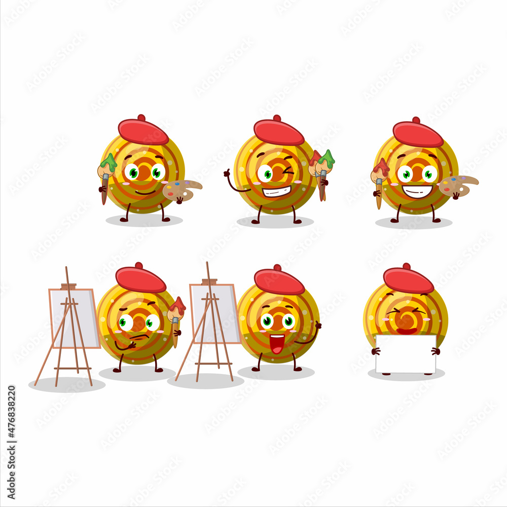 Obraz premium Artistic Artist of yellow spiral gummy candy cartoon character painting with a brush