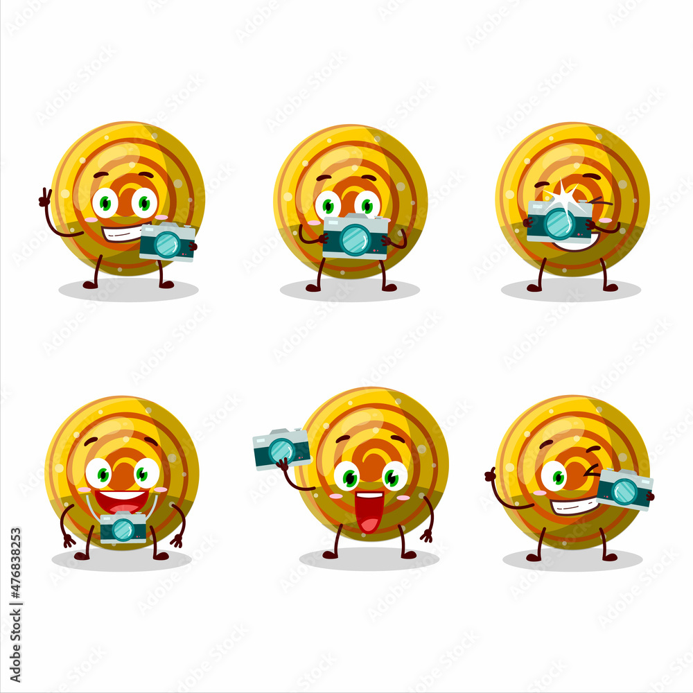 Photographer profession emoticon with yellow spiral gummy candy cartoon character Photographer profession emoticon with yellow spiral gummy candy cartoon character
