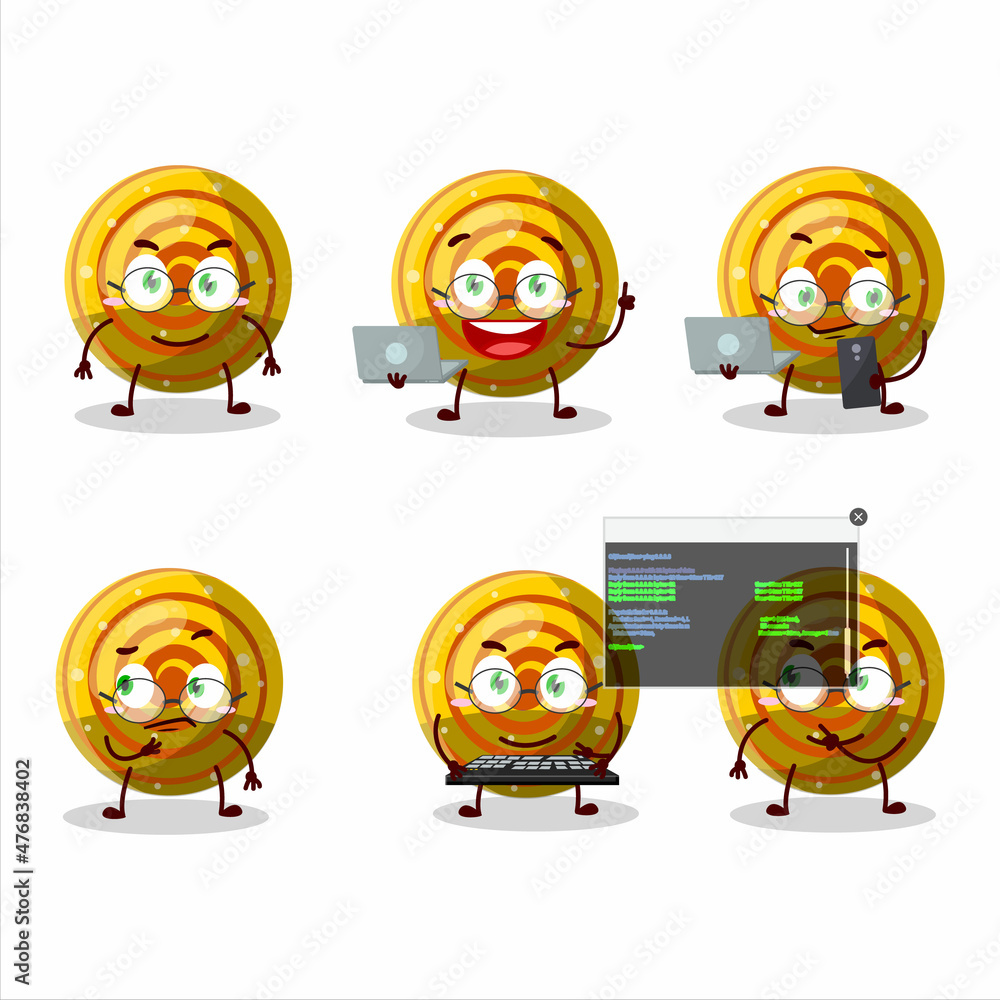 Yellow spiral gummy candy Programmer cute cartoon character with Yellow spiral gummy candy Programmer cute cartoon character with