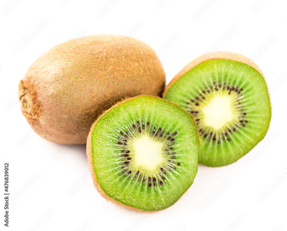 Ripe whole kiwi fruit and half kiwi fruit isolated on white background Ripe whole kiwi fruit and half kiwi fruit isolated on white background