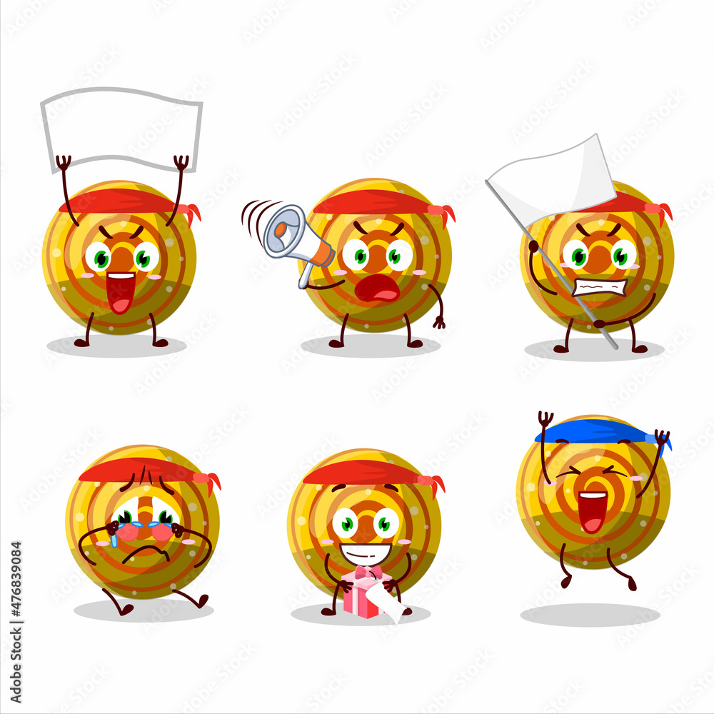 Mascot design style of yellow spiral gummy candy character as an attractive supporter