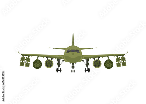 Military plane front view. Green fighter with rocket launchers.