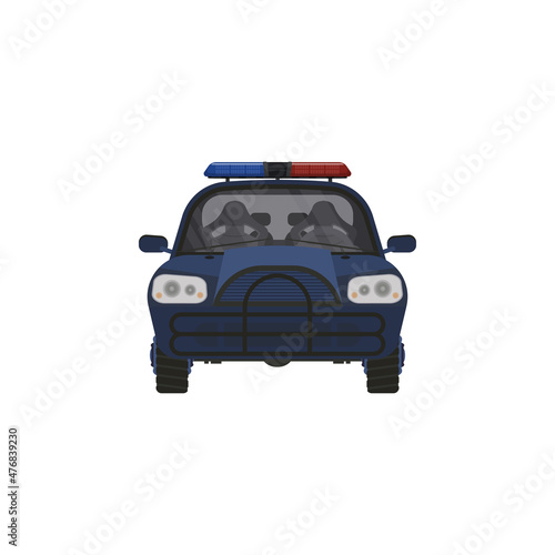 Empty police car vector illustration, high performance cop auto, urban police cruiser patrols, security emergency automobile icon with flashing lights, modern poster concept, sticker isolated on white