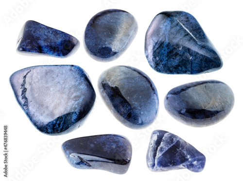 set of dumortierite stones cutout on white photo
