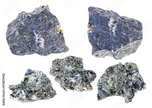 set of various molybdenite rocks cutout on white