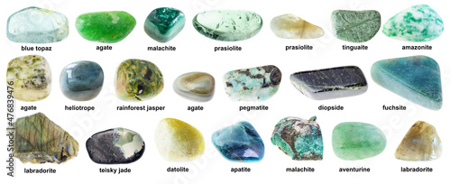 set of various rolled green stones with names