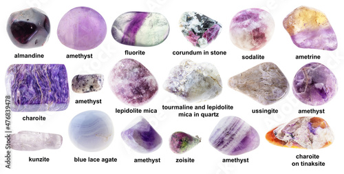 Obraz na plátně set of various unpolished purple stones with names