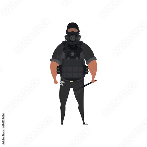 Special Law Enforcement Unit, man of Specialized Tactical Team, dressed in Army Combat Uniform and holding automatic firearm. Cartoon style. Vector illustration