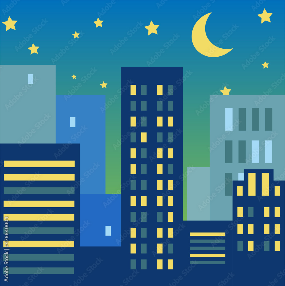 Night city vector flat icon. Isolated moon over the city, cityscape ...