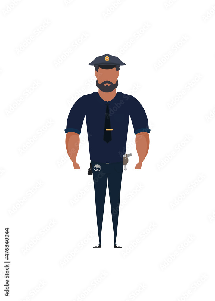 Police officer in uniform standing in front view. Profession people concept. Job at police station. Vector