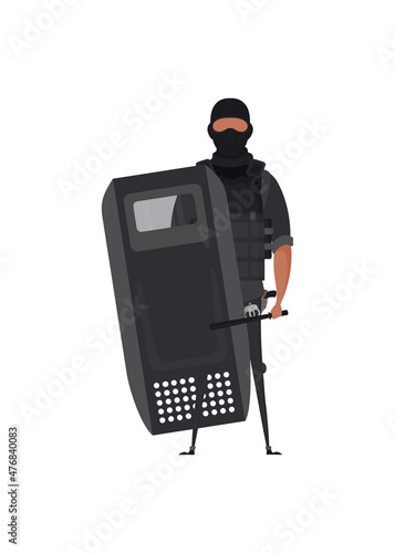 Special Law Enforcement Unit, man of Specialized Tactical Team, dressed in Army Combat Uniform and holding automatic firearm.