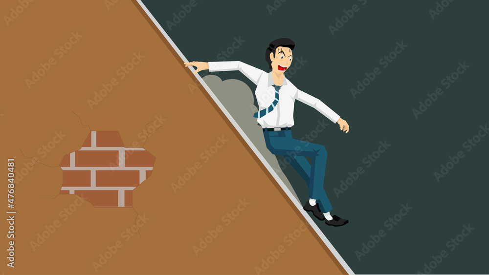 Businessman in relax business suit Falling from a height of a stepless ladder brown color. Fall from mistake. Isolated vector illustration on dark background. Businessman in relax business suit Falling from a height of a stepless ladder brown color. Fall from mistake. Isolated vector illustration on dark background.