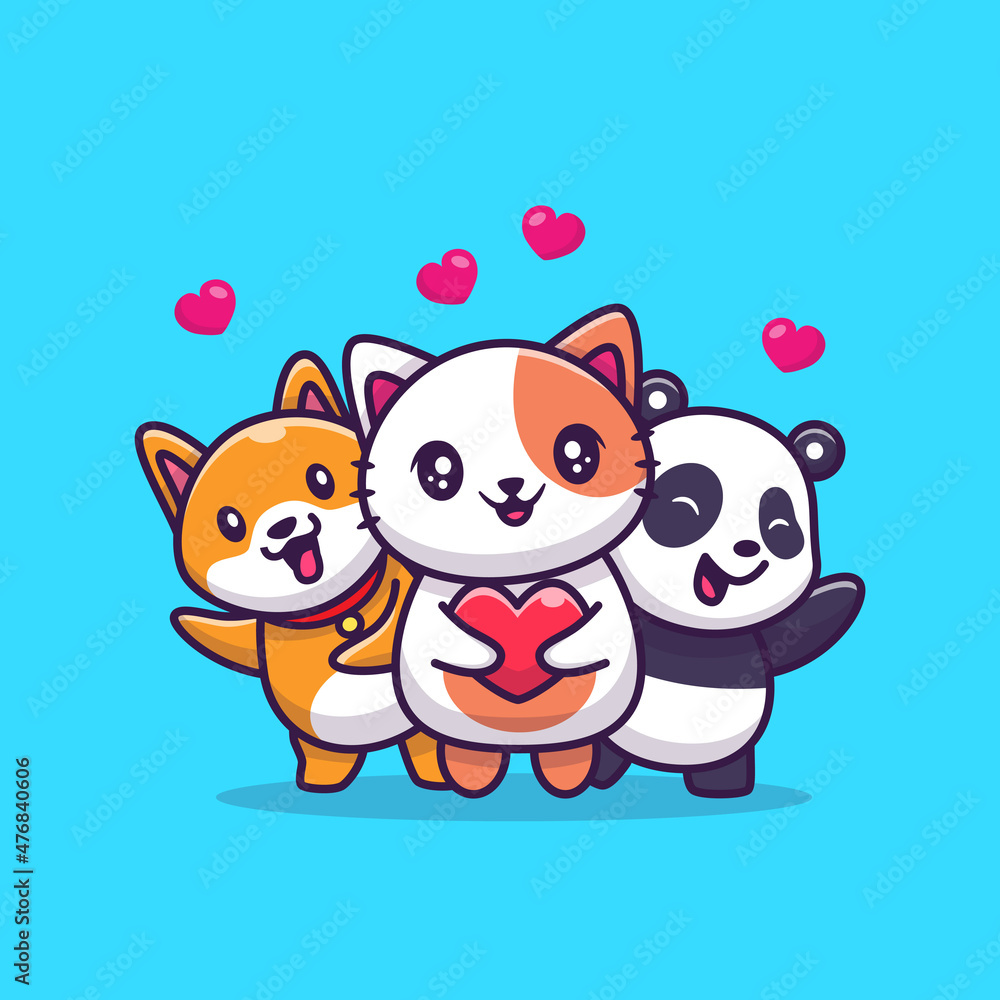 Cute Cat, Panda And Dog With Love Cartoon Vector Icon Illustration