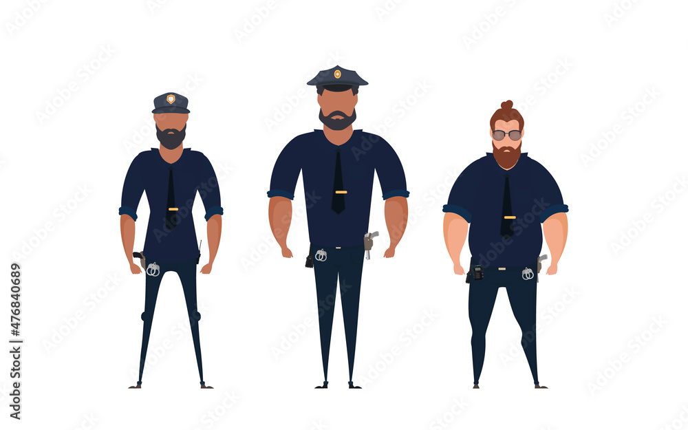 Set Police officer in uniform standing in front view. Profession people concept. Job at police station. Vector Set Police officer in uniform standing in front view. Profession people concept. Job at police station. Vector