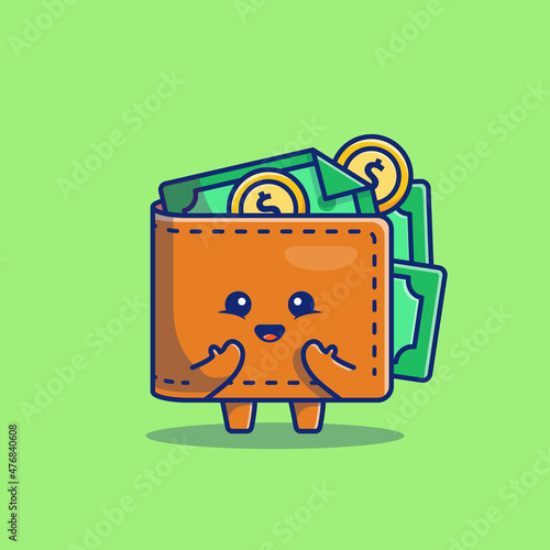 Cute Wallet Money Cartoon Vector Icon Illustration. Business And Finance Icon Concept Isolated Premium Vector. Flat Cartoon Style