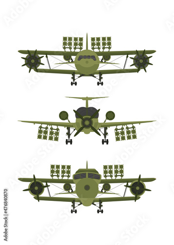 Set Military plane front view. Green fighter with rocket launchers.