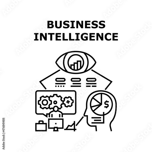 Business intelligence data. Dashboard knowledge. Digital software. Snalysis technology. Media solution vector concept black illustration