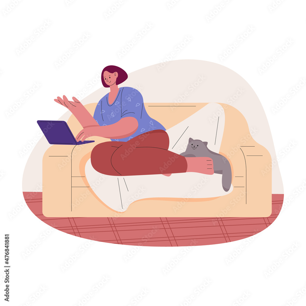 Fototapeta premium Freelancer woman with laptop sitting on the couch. Vector illustration in flat style.