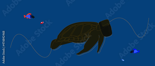 marine pollution and life in the sea. fish and turtles wear masks. global world water hazards