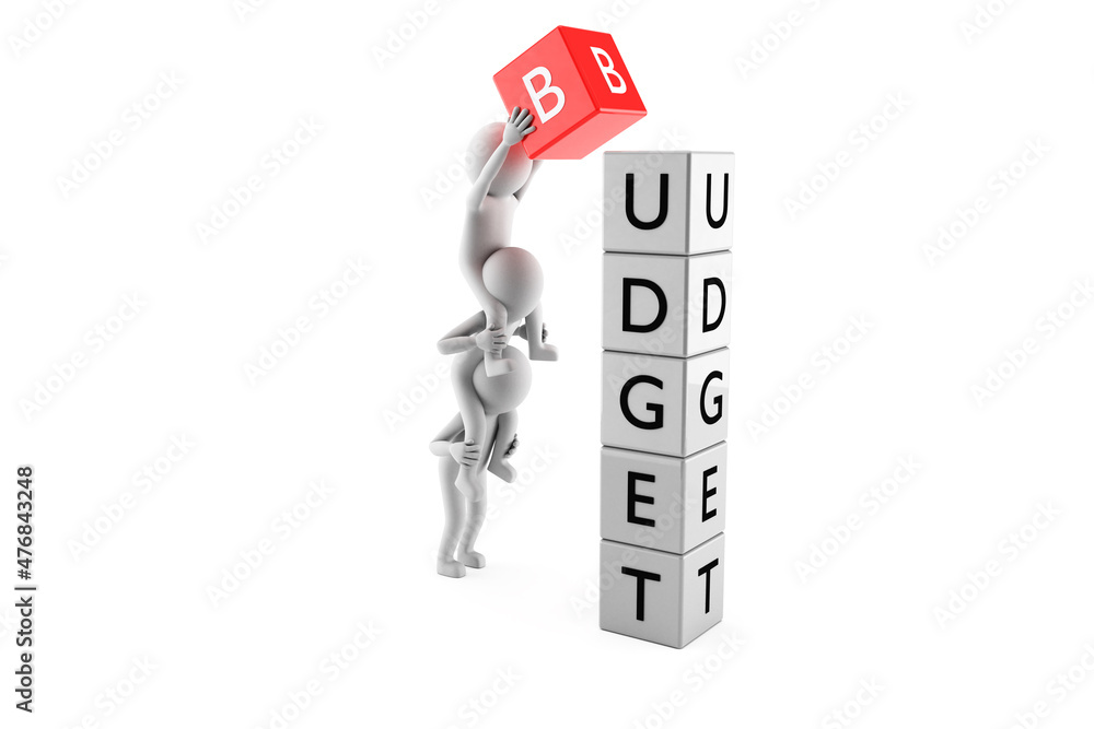 3D Men are Building a BUDGET Title with Dices On White 3D Men are Building a BUDGET Title with Dices On White