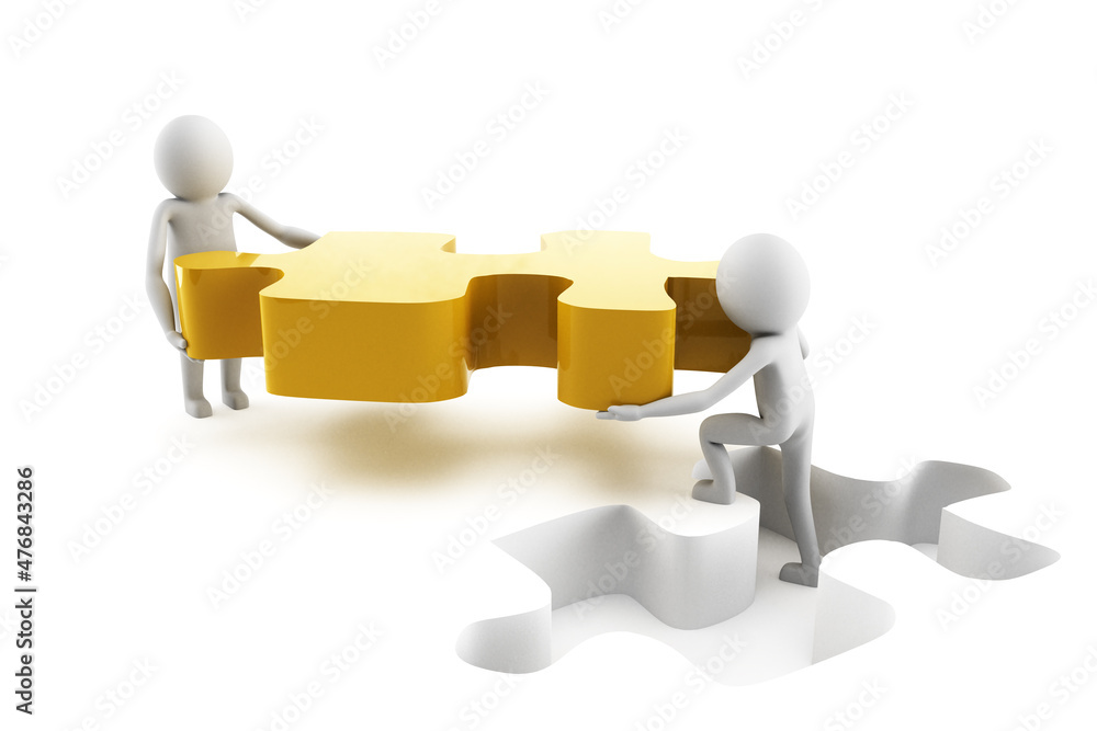 3D Men are Solving a Problem by Putting Last Piece of Puzzle On White 3D Men are Solving a Problem by Putting Last Piece of Puzzle On White
