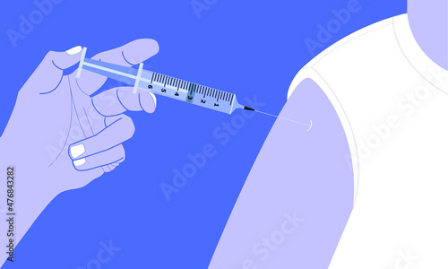 hand holding the syringe inject a drug (coronavirus disease covid-19) to human's shoulder tip.vector illustration eps10