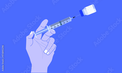 hand holding the syringe fill drug water in the bottle (coronavirus disease covid-19). vector illustration eps10
