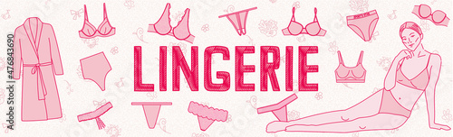 Header for websites about lingerie – female underwear. Pink outline icons of women's bras, panties, shapewear, bathrobe. Different stiles of undies. Horizontal panoramic line art illustration, vector photo