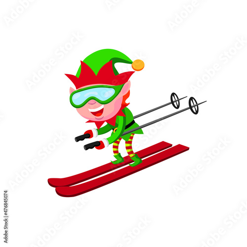 Cute cartoon style illustration of an elf skiing