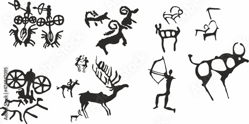 Vector set of petroglyphs of Kazakhstan. Ancient rock carvings in stone. Scythians, nomads of the steppe
 photo