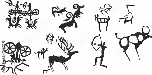 Vector set of petroglyphs of Kazakhstan. Ancient rock carvings in stone. Scythians, nomads of the steppe
