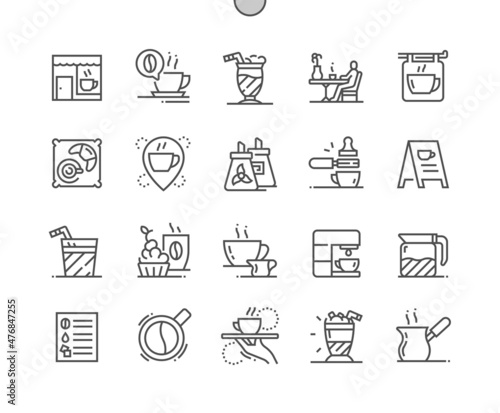 Cafe. Coffee and croissant. Location of cafe. Coffeehouse. Making coffee. Pixel Perfect Vector Thin Line Icons. Simple Minimal Pictogram