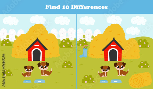 Fototapeta Naklejka Na Ścianę i Meble -  Find differences game for kids with dog family and house, haystacks, farm landscape in cartoon style