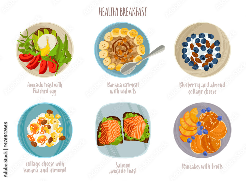 Delicious healthy breakfasts set. Hand drawn dishes in flat style with dry brush texture.