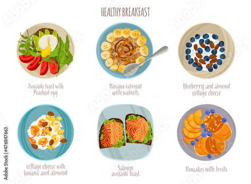 Delicious healthy breakfasts set. Hand drawn dishes in flat style with dry brush texture.