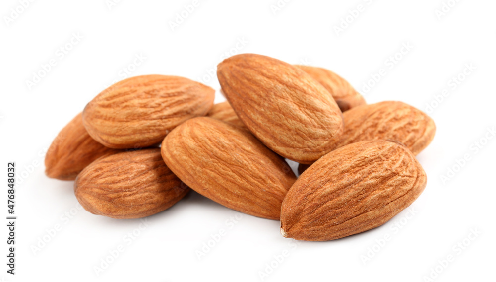 Organic almond nuts on white background. Healthy snack Organic almond nuts on white background. Healthy snack
