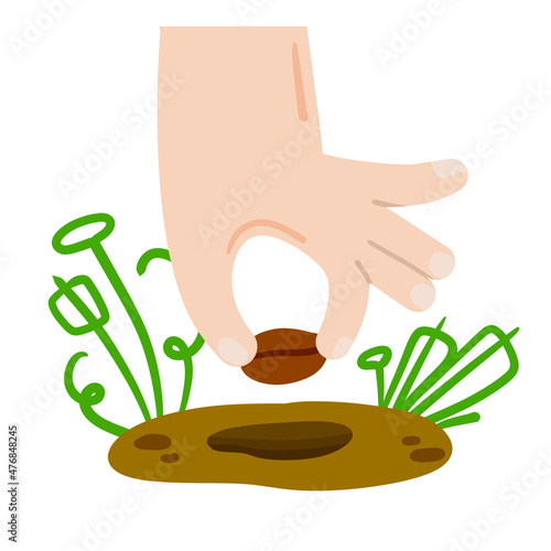 Hand plants seeds in ground. Farmer and harvest. Village work. Growing natural food.