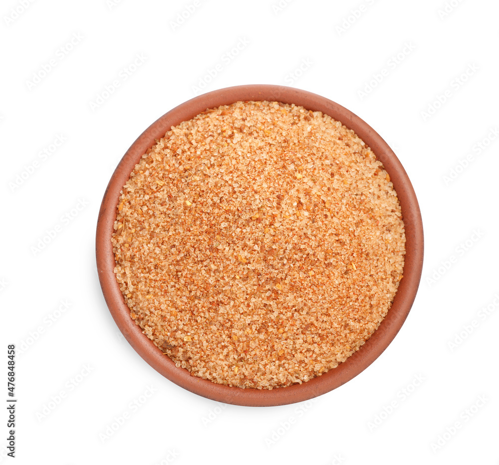 Pink salt with spices in bowl isolated on white, top view Pink salt with spices in bowl isolated on white, top view