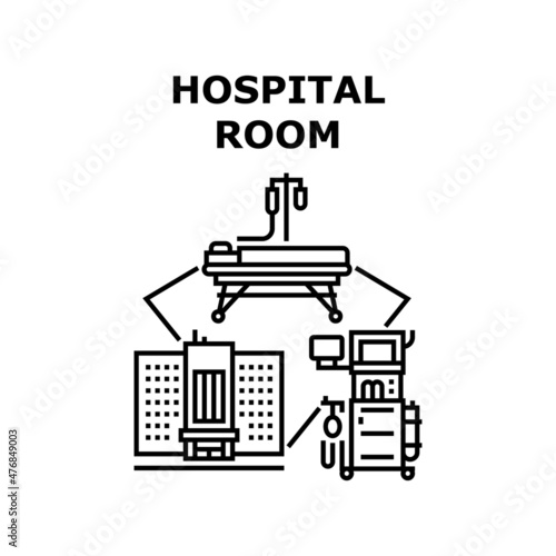 Hospital room bed. Patient. Clinic medical care. Health therapy vector concept black illustration