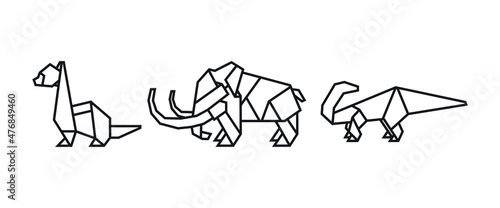 origami style illustration of dinosaurs. abstract geometric outline drawing for icon, logo, element, etc. uncolored vector element design.