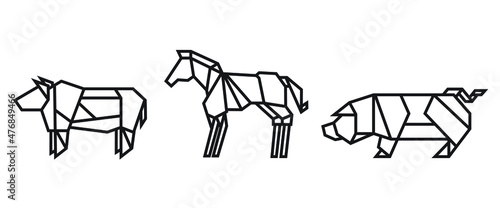 origami style illustration of farm animals. abstract geometric outline drawing for icon, logo, element, etc. uncolored vector element design.