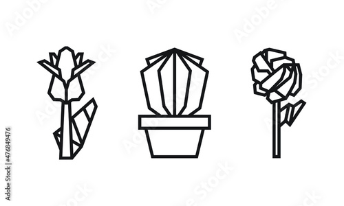 origami style illustration of flowers. abstract geometric outline drawing for icon, logo, element, etc. uncolored vector element design.